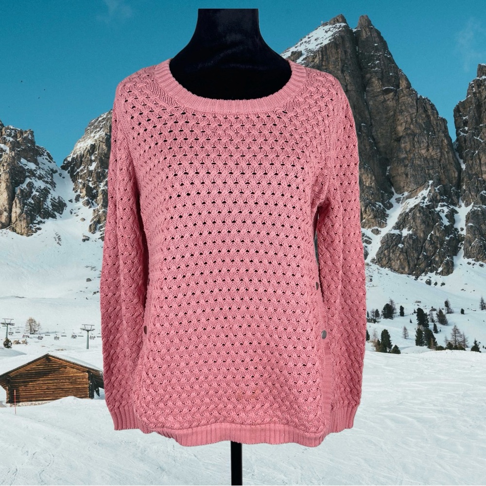 VENUS Pink Crew Neck Cable Knit Side Snap Sweater